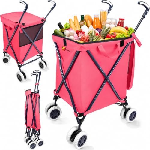 Wellmax Folding Shopping Cart with Canvas Bag & Cover, Holds 120 lb, Pink - color: Pink