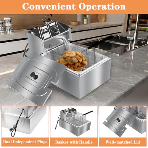 10QT Electric Deep Fryer 304 Stainless Steel Single Tank Commercial Fryer with Basket, Countertop Deep Fryer for Home and Restaurant Use with Lid & Temperature Control