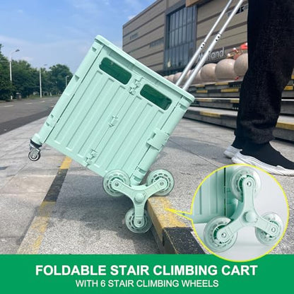 MACOPRO Foldable Utility Cart with Stair Climbing Wheels, Collapsible Rolling Crate with Telescoping Handle, Shopping Trolle Handcart Grocery Book File Tool Art Supplies Teacher Storage Basket(Green) - color: Green