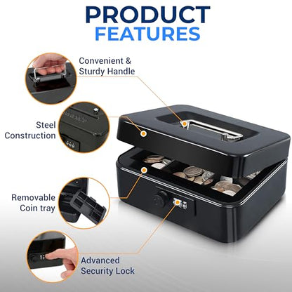 Serenelife 8" Metal Cash Box with Lock | Cash Safe Lock Box with Money Tray | 5 Lockable Drawers | Five Compartment Cash Tray | Storage for Valuables | Steel | Key Lock | 8" x 6.2" x 3.5" in | Black - color: Black