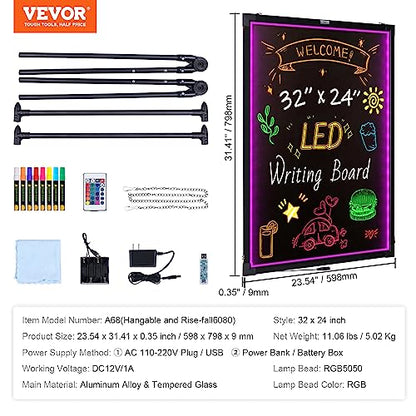 VEVOR 32"x24" LED Message Writing Board, Menu Sign Boards, Illuminated Erasable Lighted Chalkboard, Neon Effect Drawing Panel with 8 Fluorescent Chalk Markers and Remote Control - size: 32"W x 32"H