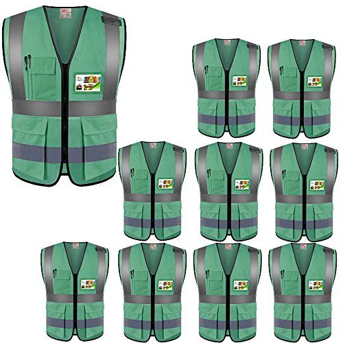 zojo High Visibility Reflective Safety Vest with Multi Pockets 10 Pack Bulk - color: Green, size: X-Large