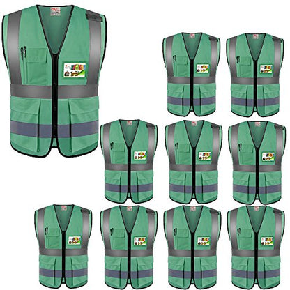 zojo High Visibility Reflective Safety Vest with Multi Pockets 10 Pack Bulk - color: Green, size: X-Large