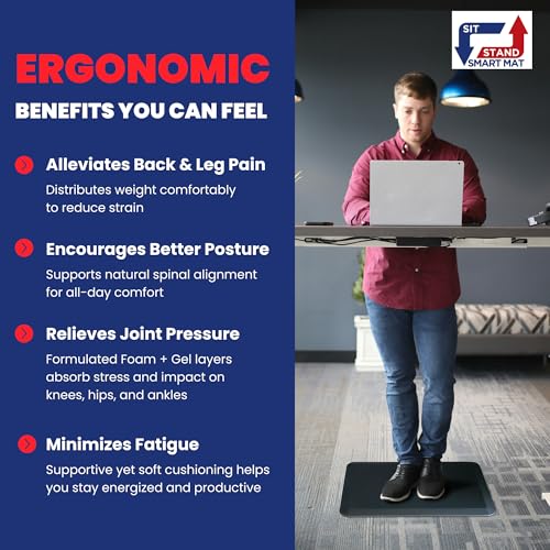 Patented One Foot Moveable Premium Ergonomic Anti-Fatigue Foam & Gel Mat for Adjustable-Height Office Desks, Kitchen Floors, and Home, Made in USA, Charcoal Black for Hard Surfaces