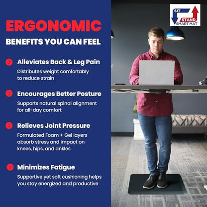 Patented One Foot Moveable Premium Ergonomic Anti-Fatigue Foam & Gel Mat for Adjustable-Height Office Desks, Kitchen Floors, and Home, Made in USA, Charcoal Black for Hard Surfaces