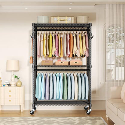 FUTASSI P1 Plus Rolling Clothes Rack, Heavy Duty Portable Closet Wardrobe - color: Black, size: P1 Plus