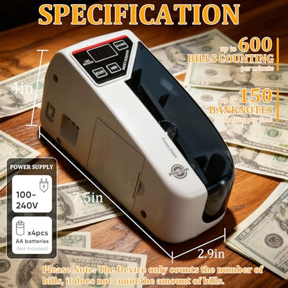 WINB Money Counter Machine with UV Counterfeit Detection - Portable Cash Counter Machine, 600 Notes/Min High-Speed Money Counting Machine for Bills & Currency