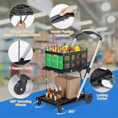 IDEALHOUSE 2-Tier Collapsible Shopping Cart 198lbs Foldable Grocery Cart - color: Green
