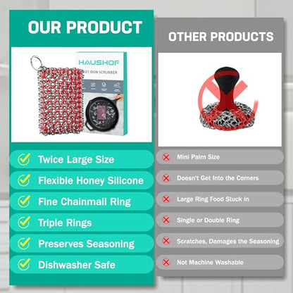 HAUSHOF Cast Iron Scrubber, Chainmail Scrubber Cast Iron Cleaner - color: Red