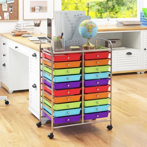 RELAX4LIFE 20 Drawer Rolling Storage Cart, Mobile Rolling Cart w/Drawers for School Classroom Teacher Office Home Salon, Paper File Art Supply Craft Organizer, Utility Cart on Wheels (Multicolor) - color: Colorful, size: 35''