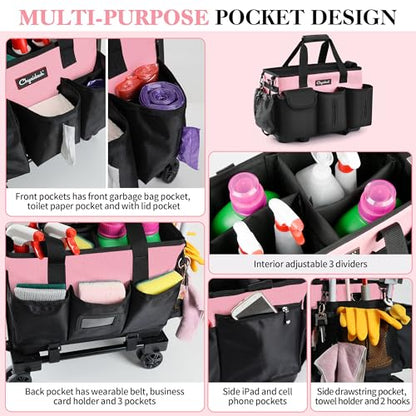 Chyaidach Rolling Cleaning Caddy, Cleaning Supplies Organizer with Trolley, Wearable Cleaning Tote Bag on Wheels with Hard Bottom, Cleaning Carts for Housekeepers/Home/Car/Office/Picnic (Pink) - color: Pink