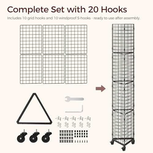 MAHANCRIS Triangular Gridwall Panel with Wheels, 3-Sided Display Stand for Vendor Events with 20 Hooks, Rolling Grid Wall Stand for Trade Shows, Retail Stores, Home Organization, Black GPBK3001