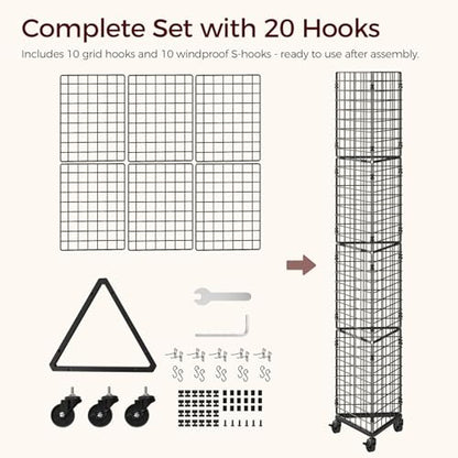 MAHANCRIS Triangular Gridwall Panel with Wheels, 3-Sided Display Stand for Vendor Events with 20 Hooks, Rolling Grid Wall Stand for Trade Shows, Retail Stores, Home Organization, Black GPBK3001