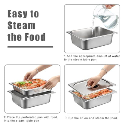 BSTKEY Stainless Steel Hotel Pans Half Size, 4 Inch Deep Steam Table Pan with Perforated Steam Tray and Lid, Warmer Breading Tray Food Pans for Kitchen Restaurant Supplies