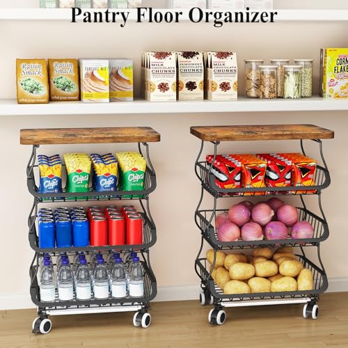 SAYZH 4-Tier Fruit and Vegetable Basket Stand for Kitchen, Wood Top, Black - color: Black, size: 4 Tiers
