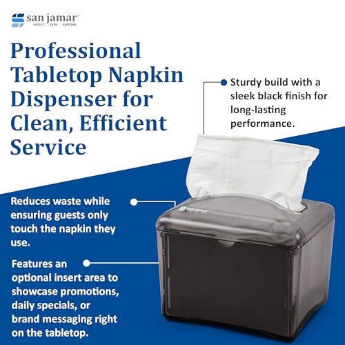 San Jamar Venue® Napkin Dispenser for Restaurant Tabletop, 200-250 Napkins, Mini Interfold, Black