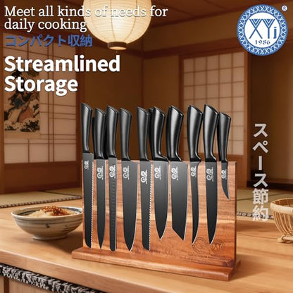 XYJ Knife Block Set,Chef Knives Set with Wooden Magnetic Knife Block - color: Full Black, size: 23 in 1 with block