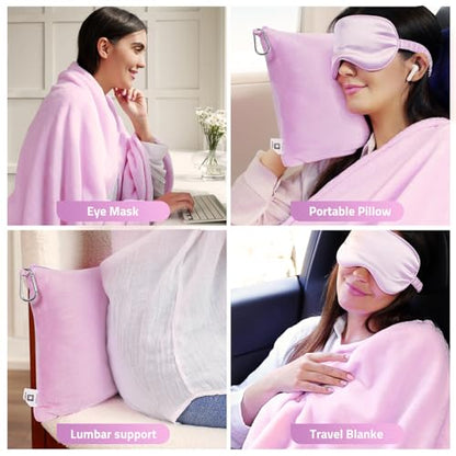 Travel Blanket Pillow,Airplane Blanket Compact with Bag Eye Mask, Ultra-Soft,Warm & Lightweight Included,Travel Essentials for Women & Men, Luggage Sleeve & Backpack Clip 65x40 in,Purple - color: Purple