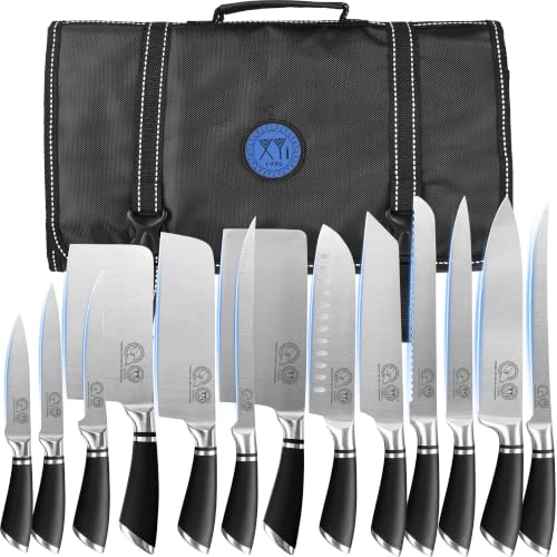 XYJ Knives Authentic Since 1986,Chef Knife Professional Set with Bag,Cleaver Butcher Knife for Meat Cutting Bag - color: Half Black, size: 15 in 1