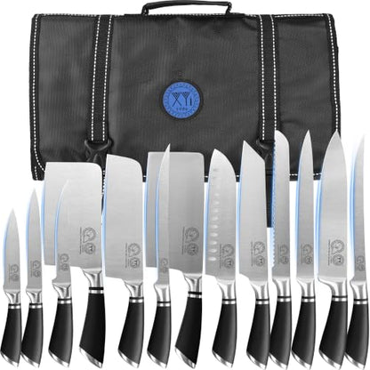 XYJ Knives Authentic Since 1986,Chef Knife Professional Set with Bag,Cleaver Butcher Knife for Meat Cutting Bag - color: Half Black, size: 15 in 1