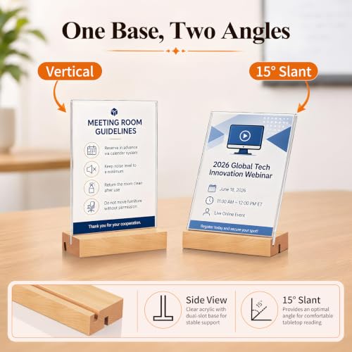 Acrylic Sign Holder with Wood Base, 4 Pack Vertical/Slant Acrylic Display - color: Natural, size: 4"x6"