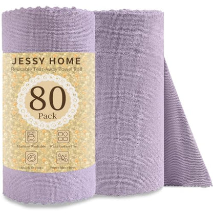 Jessy Home 80 Pack Microfiber Cleaning Cloth Roll Reusable Paper Towels 12"x12" Tear Away Cloth, Microfiber Towels for Cars, Wash Cloths, Lint Free Rags for House, Kitchen,Window,Cleaning Supplies - color: Light Purple