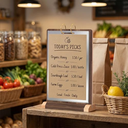 Flip Wooden Sign Holder 4 x 6 with Clear 4-Page PVC Sleeves, Vertical Tabletop Menu Display Stand for Restaurant, Office, Retail Store, Trade Show - size: 4x6, 1 Pack