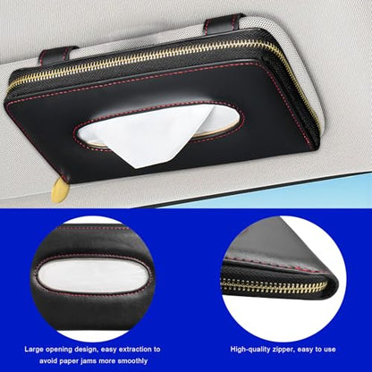 Car Tissue Holder, PU Leather Auto Sun Visor Tissue Case Napkin Holder with Zipper, Rectangular Mask Dispenser Hanging Paper Towel Organizer for Cars SUVs Trucks RVs (Black) - color: Black