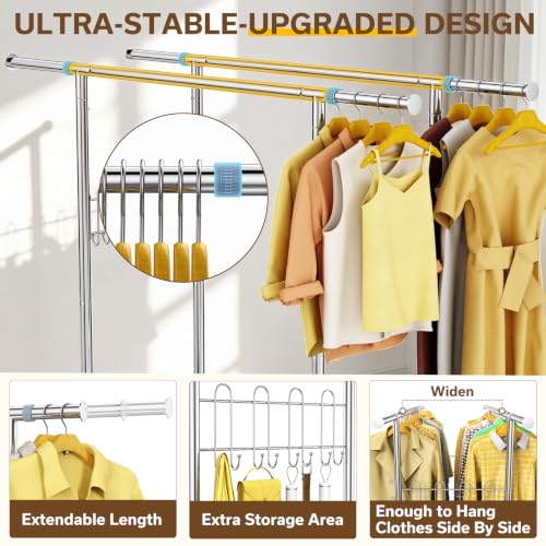 100% Stainless Steel Heavy Duty Clothes Rack Load 960LBS, Double Rod Clothing Rack for Hanging Clothes with Reinforced Rubber Rings, Extendable Rolling Garment Racks W/ Portable Wheel & Sturdy Shelves - color: Silver, style: 2 Double Bar