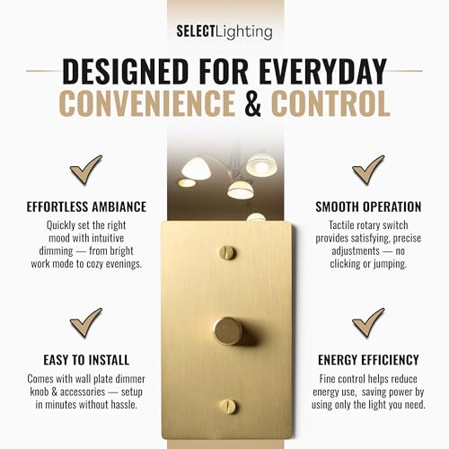 SELECT 1 Gang Solid Brass Rotary Dimmer Switch, 3-Way & 1-Way Compatible - color: Satin Brass, size: 1 Gang, style: 1/3-Way Dimmer