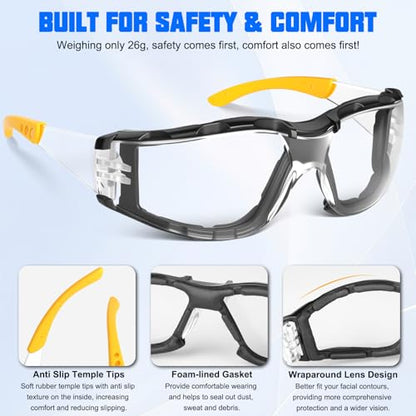 OXG Safety Glasses for Men, ANSI Z87.1 Anti-Fog Impact Resistant Protective Eyewear, Foam Gasket, UV Protection - color: 12p-yellow