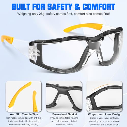 OXG Anti Fog Safety Glasses with Foam Gasket, ANSI Z87.1 Protective Eyewear - color: 3p-clear Lens/Yellow Frame