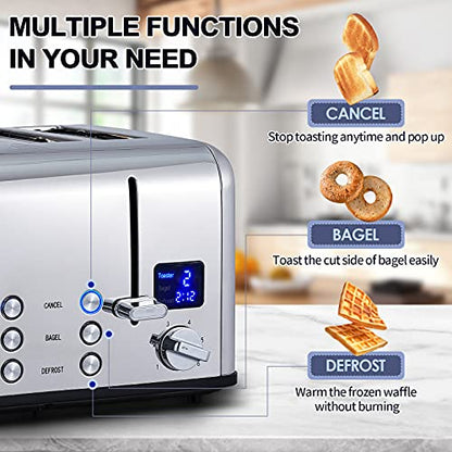 CUSIMAX 4 Slice Stainless Steel Toaster with Digital Display, Silver - color: Silver Stainless Steel, size: 4 Slice