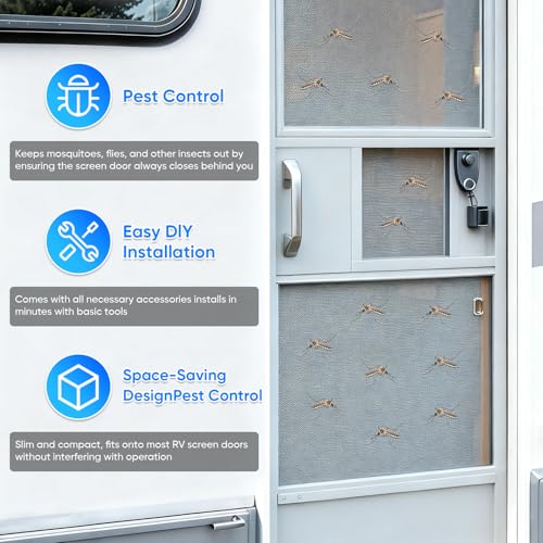 RV Screen Door Closer with Adjustable Tension, Aluminum Automatic Closing Device with Accessories, Works with Most Camper Latches & Travel Trailer Handles