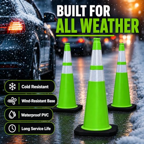 BESEA 6 Pack 36 Inch Green Traffic Cones with Wide Weighted Base - size: 36 inch