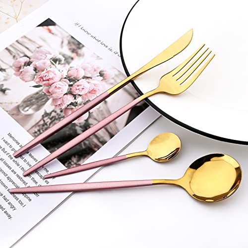 Mirror Cutlery Serving Set, 24-piece 18/0 Stainless Steel Silverware With Pink Handle Simple & Modern Tableware For Home Party Restaurant Christmas Dinner, Service For 6 (Pink Gold) - color: Pink gold