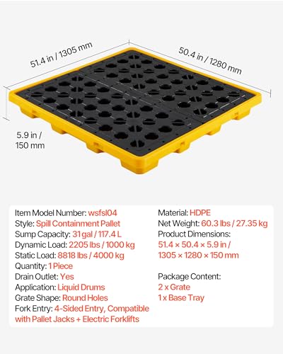VEVOR Spill Containment Pallet, 4 Drum Low Profile Spill Containment Modular Platform, 31 Gallon Sump, 8818 lbs Load Capacity, Heavy-Duty Polyethylene Tray with Drain, 51.4" x 50.4" x 5.9", Yellow