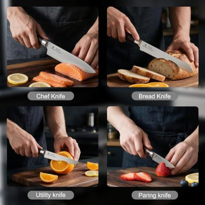 imarku 18-Piece Japanese Santoku Stainless Steel Knife Set with Block - color: Pure Black