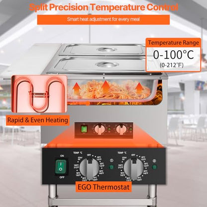 VEVOR Commercial Electric Food Warmer, 2-Pot Steam Table Food Warmer, Features 0-100℃ Adjustable Temp, Movable Professional Stainless Steel Table with ETL Certification for Catering and Restaurants - size: 2-Pot