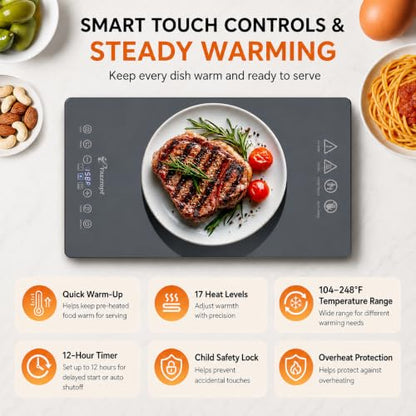 Warming Tray with Independent Temperature & Timer Control, 50" x 15" Electric Warming Tray for Buffets Party Food Warmer with 17 Heat Levels 12H Timer Child Lock for Family Dinners Catering - size: 6 Panels（50" x15"）