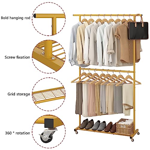 Sywhitta Double Rod Metal Clothing Rack on Wheels with Bottom Mesh,Gold - color: Gold, size: With mesh