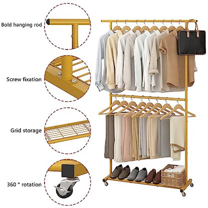 Sywhitta Double Rod Metal Clothing Rack on Wheels with Bottom Mesh,Gold - color: Gold, size: With mesh