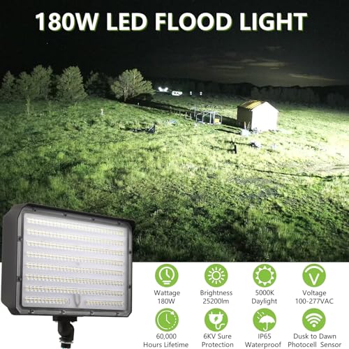 180W Outdoor LED Flood Light Dusk to Dawn with Knuckle, 25200LM 1500W Equivalent, 100-277V 5000K Daylight, ETL Commercial LED Flood Light Fixture, Outdoor Security Lighting for Landscape/Parking Lot - size: 180W
