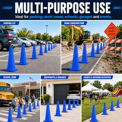 BESEA 3 Pack 28 Inch Blue Traffic Cones with Weighted Base - color: Blue, size: 28INCH