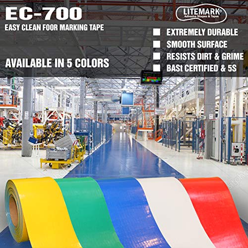 LiteMark Smooth Floor Marking Tape, EC-700 Heavy Duty Thick, Easy to Keep Clean, Warehouse, Blue (1 Inches by 3 feet) (6 Pack) - color: Blue
