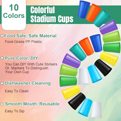 Honeydak 40 Pack 22 oz Plastic Stadium Cups Reusable, 10 Colors