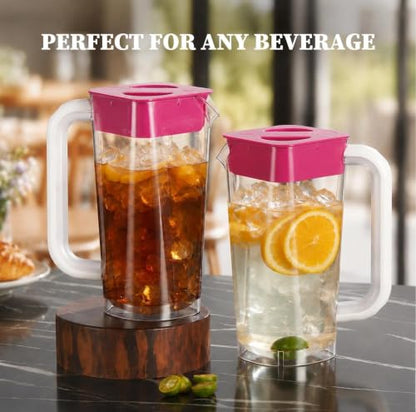 CURTA 2 Pack 2 Liters/68 oz Plastic Pitcher with Lid & Handle for Kitchen,ICED JUICE and Coffee Carafe Beverage Serveware, Acrylic Water Jug for Hot/Cold Drinks&lemonade - color: Red & Red