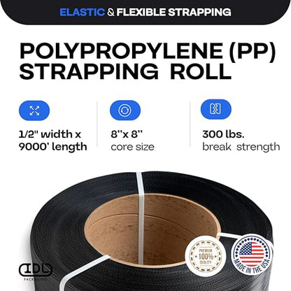 IDL Packaging 1/2" x 9000' Polypropylene (PP) Strapping Roll, USA-Made - size: 1/2" x 9000' (8x8" Core), 300 lbs BS