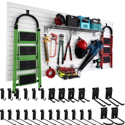 FRAYSCENT Slat Wall Paneling Garage Slat Wall Storage Systems Slatwall Panels Power Tool Organizer Wall Mount, PVC Garage Storage & Organization Products Slate Board (White, 4ft x 8ft with 26 Hooks) - color: White, size: 8x4ft(26hooks)