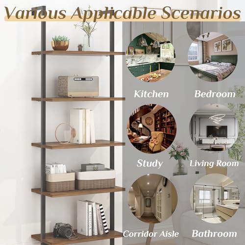 Karl home Rustic Brown 5 Tier Wall Mount Ladder Shelf, Metal Frame Bookcase - color: Rustic Brown